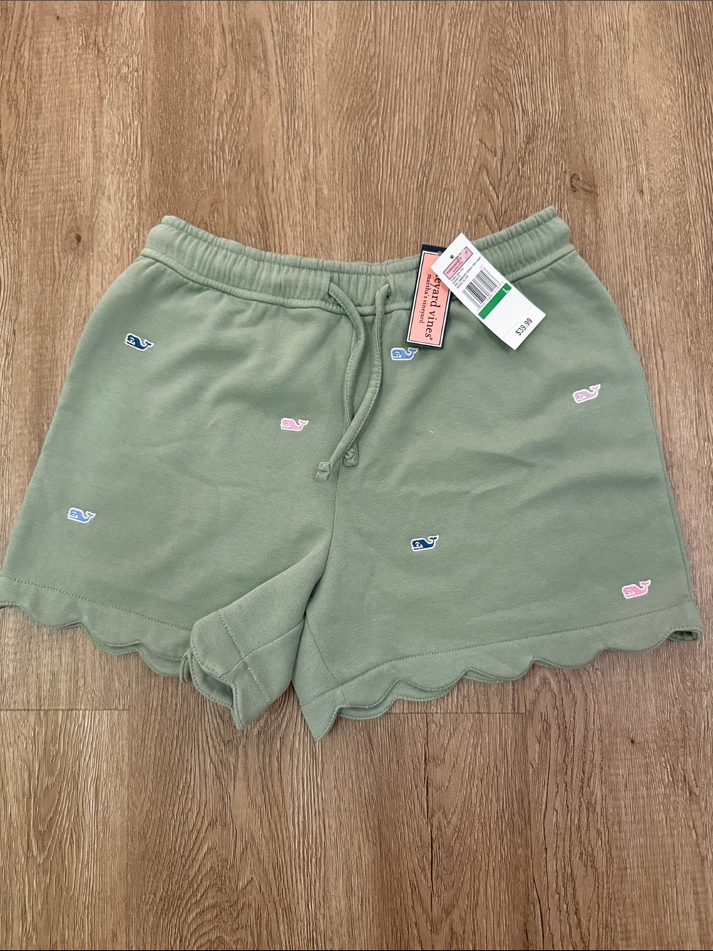 Vineyard Vines Sage Green Scallop Hem Whale Embroidered Terry Shorts